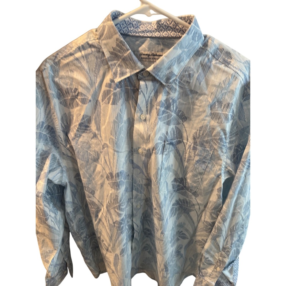 Tommy Bahama Sarasota Stretch Shirt Mens Medium Blue Tropical Palm Long Sleeve